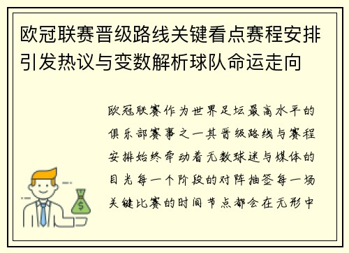 欧冠联赛晋级路线关键看点赛程安排引发热议与变数解析球队命运走向