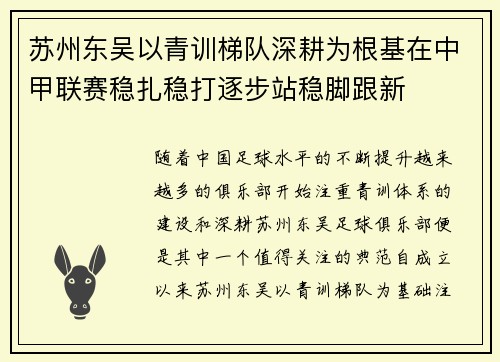 苏州东吴以青训梯队深耕为根基在中甲联赛稳扎稳打逐步站稳脚跟新
