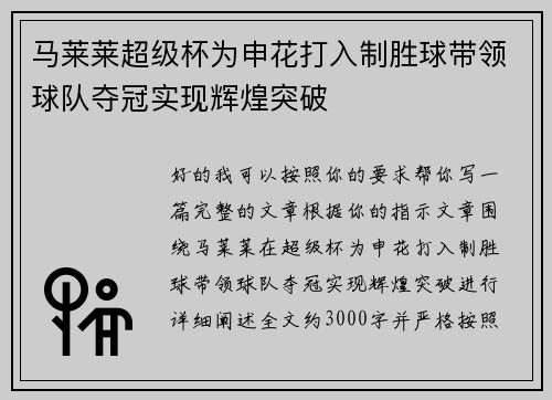 马莱莱超级杯为申花打入制胜球带领球队夺冠实现辉煌突破